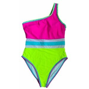 Popvil Sexy One Shoulder One Piece Bathing Suits Neon Color Block Women's Medium